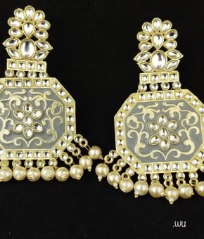 Kundan Earring Meenakari Pearls-Grey