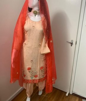 silky peach colour embroidery stone work at shirt or duppatta organza embroidery dupatta suit sizee 42