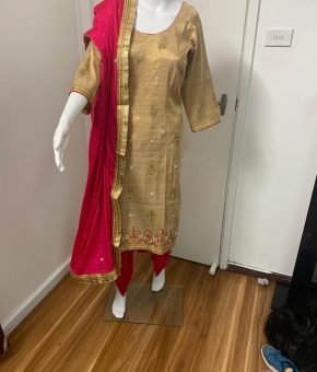 silky suit heavy  stone embroidery at shirt or duppata  (pink or golden) size 42