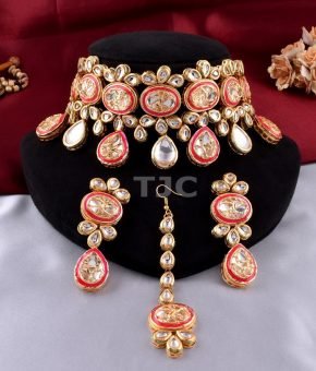 Kundan necklace earrings mangtikka Red