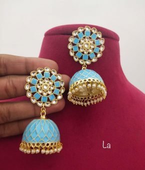 Kundan Oversized Jhumki Earrings Skly Blue