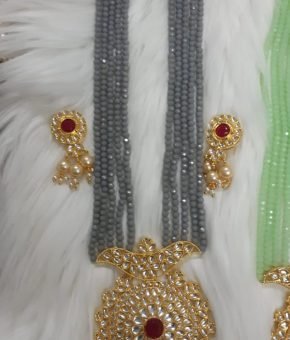 Kundan Long Necklace, Colour Grey