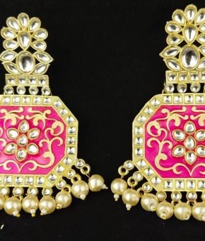 Kundan Earring Meenakari - Dark Pink