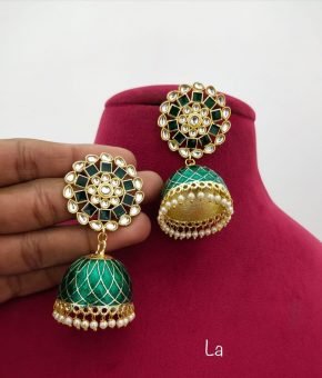 Kundan Oversized Jhumki Earrings Bottle Green