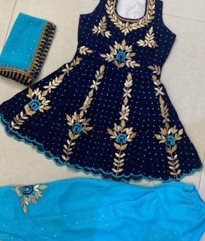 Girl Suit- navy blue shirt sea green salwar fabric in georgette